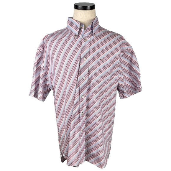 Tommy Hilfiger Mens XL Red/Blue Striped Short Sleeve Button-Down Shirt 2004 - Picture 1 of 10